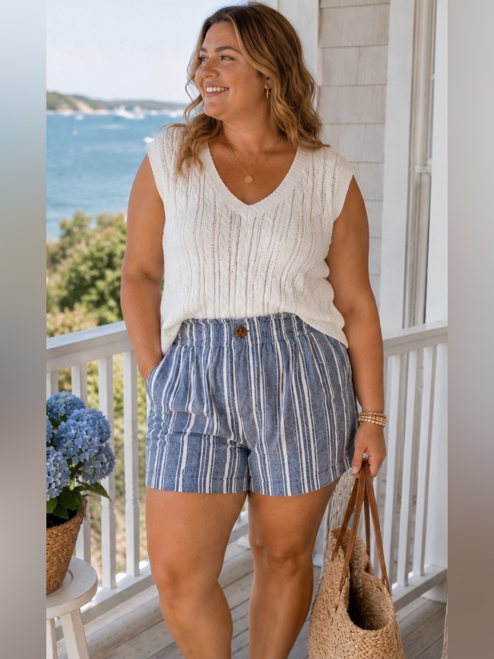 LOFT Outlet Linen Blend Striped Paperbag Waist Shorts Blue White XL Coastal